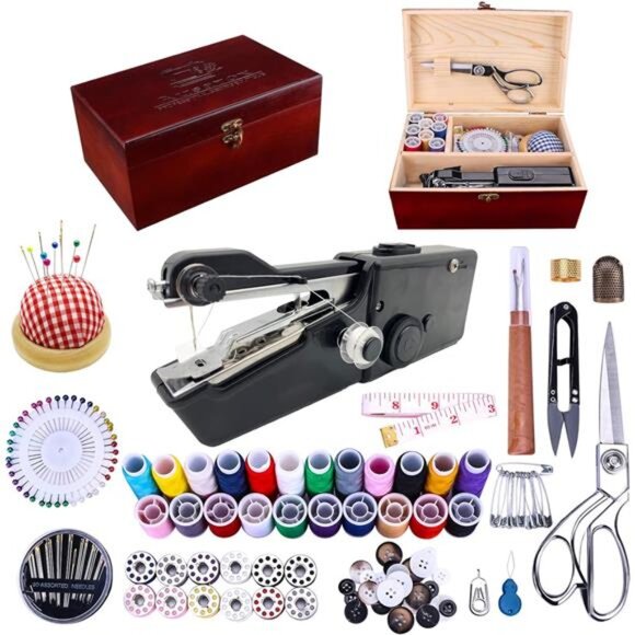 Handheld Sewing Machine, with Elegant Wooden Box and 153-Piece Sewing Kit, Mini - Picture 1 of 7